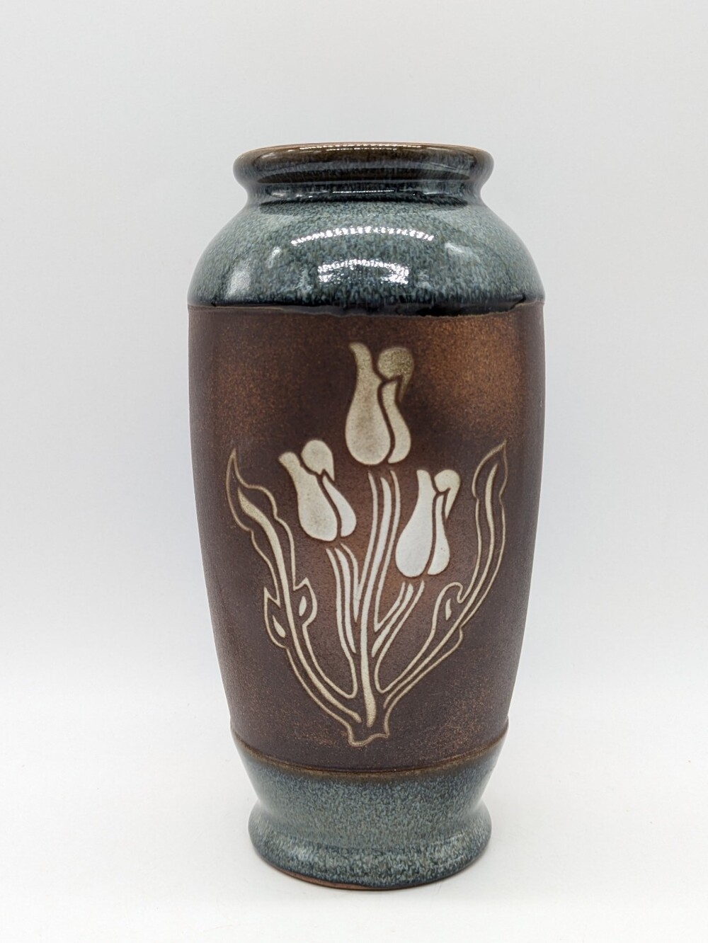 Vintage Pottery Craft Blue Brown Floral Ceramic Vase